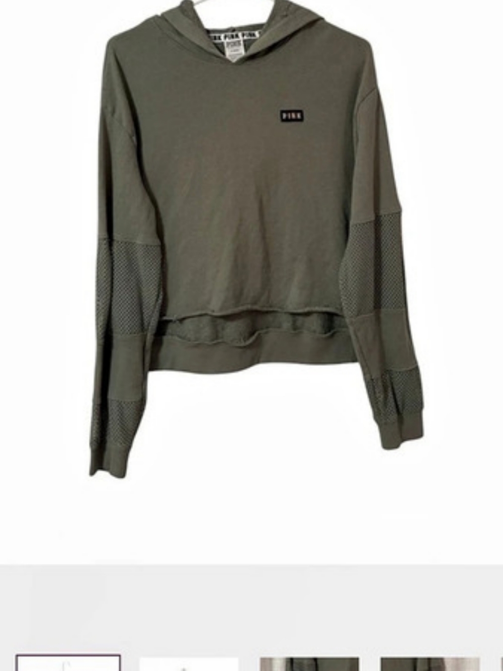 Victoria's Secret PINK Olive Green Mesh Paneled Raw Edge Cropped Hoodie Medium